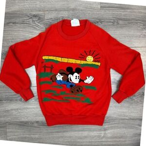 RARE 80s Sunday Comics Mickey‎ Mouse Football Crewneck L Made in Korea Red